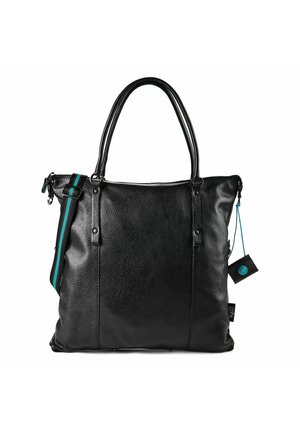 Schwarze Lederhandtasche mit Doppelgriffen, einem abnehmbaren gestreiften Schulterriemen und einer kleinen, befestigten schwarzen Tasche mit einem türkisfarbenen Knopf.