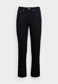 Black denim jeans with a straight leg design, five pockets, and silver hardware detailing. Features a clean finish without embellishments.