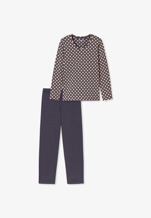 Top a maniche lunghe con motivo a stelle crema su sfondo scuro, abbinato a leggings grigio scuro. Tessuto in misto cotone, texture liscia. Scollatura rotonda.