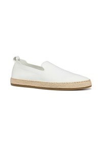 Scarpa slip-on in tela bianca con una superficie testurizzata, dotata di suola in corda di juta e fondo in gomma per una buona aderenza. Progettata con un profilo basso.