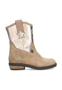 Tan suede cowboy-style boot with metallic silver upper, star accent, and decorative stitching. Features turquoise dots and a low heel.