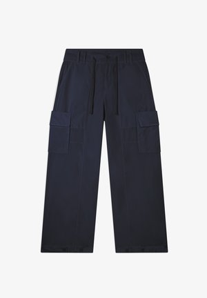 I pantaloni cargo navy presentano una vestibilità comoda, chiusura con bottone, vita elastica e più tasche laterali. Realizzati in tessuto leggero.