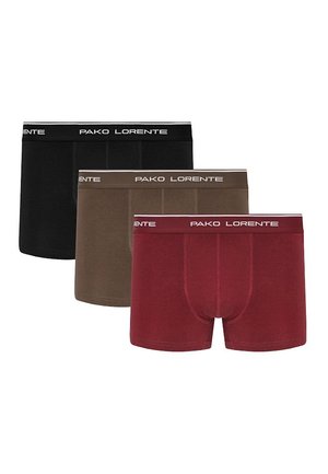 Trzy pary bokserków Pako Lorente w kolorach czarnym, brązowym i burgundowym, z kontrastowymi pasami w talii z widocznym logo oraz gładką teksturą.