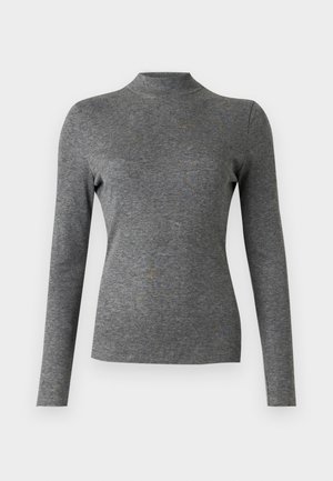 Grå langærmet turtleneck skjorte lavet af blødt, strækbart stof med en tætsiddende design og glat tekstur. Ingen synlige mønstre eller accenter.