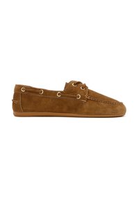 Bruine suède bootschoenen met een laag profiel, ronde neus, vetersluiting en contrasterende stiksels. Rubberen zool met een gestructureerde grip.