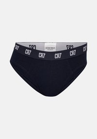 Marineblå bomuldsunderbukser med en grå taljeelastik, der har gentagne "CR7"-mærkninger. Klassisk undertøjsdesign, glat tekstur og tætsiddende pasform.
