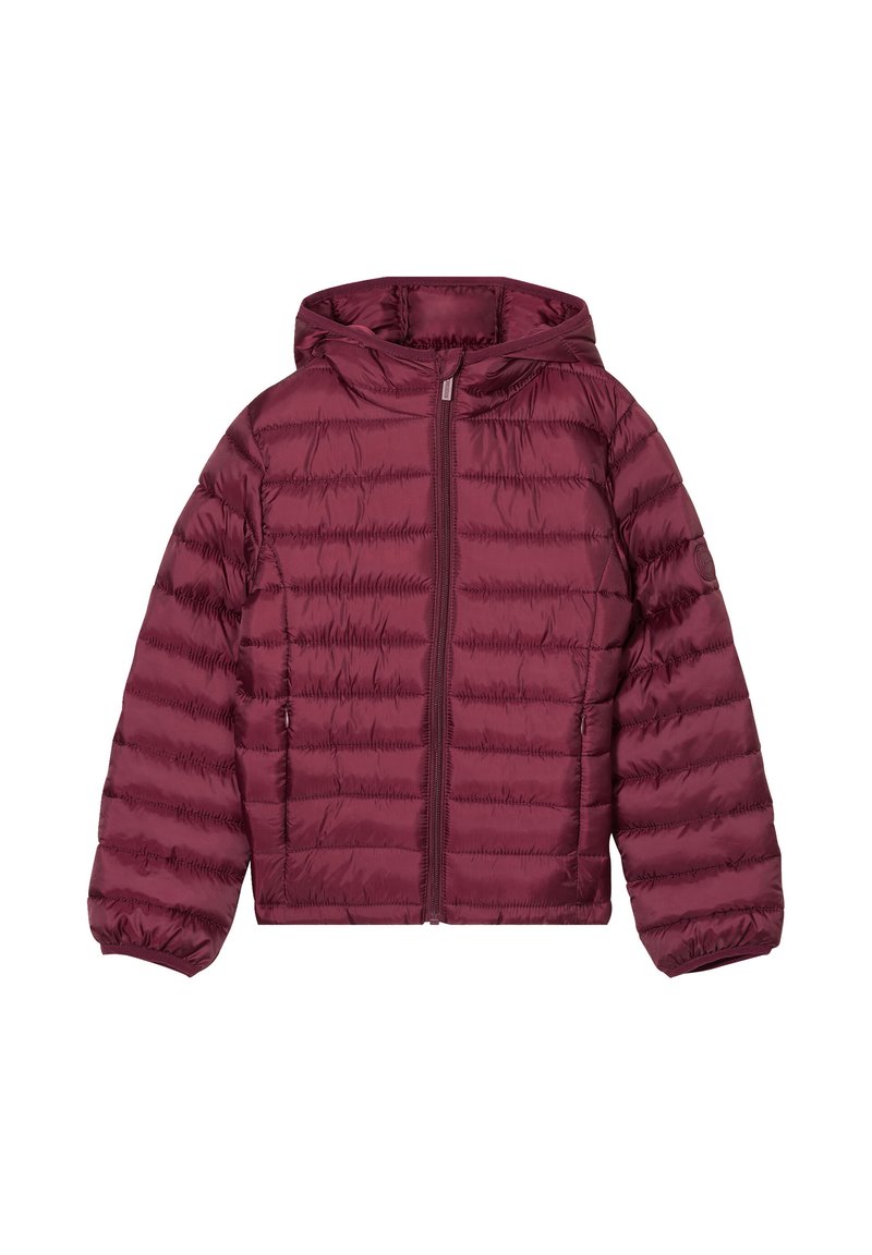 Giubbotto imbottito bordeaux con cappuccio. Presenta una chiusura zip frontale, polsini a coste e una texture trapuntata. Design leggero e isolato.