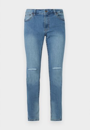 Jeans din denim albastru deschis, cu o croială slim, având două buzunare frontale, genunchi rupti și un tiv standard cu închidere cu nasture metalic.