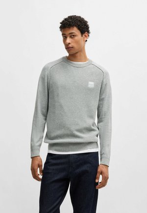 Light grey knit sweatshirt with ribbed crew neck, raglan sleeves, and a small logo patch. Worn over a white T-shirt, paired with dark denim.