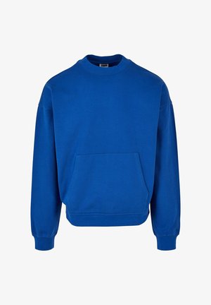 Felpa blu realizzata in tessuto morbido, con colletto alto, maniche lunghe e tasca a marsupio frontale. Texture liscia, colore uniforme.