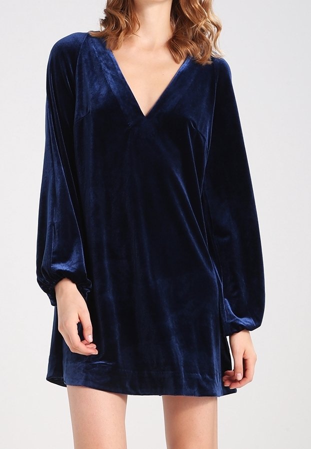blue velvet free people dress FREE PEOPLE Navy Velvet Short Sleeves Size LARGE (L) Dress main image 1