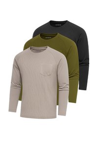 Tre magliette a manica lunga a coste in beige con tasca sul petto, verde oliva e nere. Presentano scolli rotondi e texture a contrasto.
