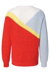 Neulepaita, jossa on värilohkoittelu punaisilla, valkoisilla, keltaisilla ja vaaleansinillä alueilla. Rakeinen kangas, jossa on ribbineulokset helma ja hihansuut.