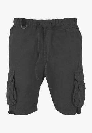 Cargo-Shorts aus dunkelgrauem Stoff mit einem elastischen Bund, verstellbarem Kordelzug und mehreren Seitentaschen. Glatte Textur und strapazierfähiges Design.