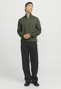 Alyvos žalios spalvos zip-up megztinis su aukštu apykaklės, ilgomis rankovėmis, tekstūruota medžiaga; derinamas su juodomis plačiomis kelnėmis ir juodais batais.