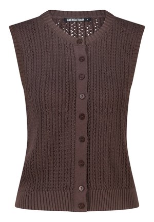 Cardigan marron tricoté sans manches avec motif torsadé vertical, col rond et fermeture à boutons sur le devant.