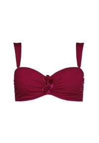 Góra bikini w głębokim burgundzie, z węzłem na środku i trzema kwiatowymi akcentami, regulowanymi ramiączkami oraz gładką, marszczoną teksturą.