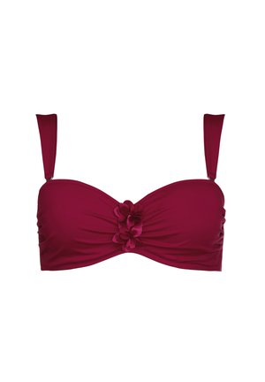 Góra bikini w głębokim burgundzie, z węzłem na środku i trzema kwiatowymi akcentami, regulowanymi ramiączkami oraz gładką, marszczoną teksturą.
