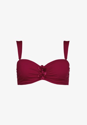 Góra bikini w głębokim burgundzie, z węzłem na środku i trzema kwiatowymi akcentami, regulowanymi ramiączkami oraz gładką, marszczoną teksturą.