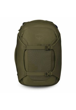 Zaino da viaggio Osprey Sojourn Porter 30 verde oliva con due cinghie di compressione frontali e un ampio scomparto con zip.