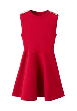 Rotes ärmelloses Kleid mit tailliertem Oberteil und ausgestelltem Rock, das dekorative Perlenknöpfe an den Schultern aufweist. Die Textur wirkt glatt.