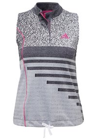 Débardeur de sport sans manches en gris et blanc, doté d'un col zippé, d'un motif abstrait et d'accents roses. Comprend un cordon de serrage ajustable à l'ourlet.
