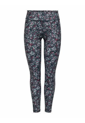 Leggings s cvjetnim uzorkom u tamnoplavoj boji s ružičastim i bijelim cvjetovima. Izrađeni od rastezljivog materijala s visokim strukom i prilagođenim dizajnom.