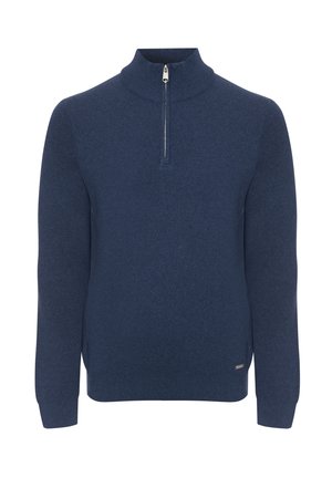 Marineblauer Reißverschluss-Pullover aus weichem Strickmaterial, mit langen Ärmeln und lockerer Passform sowie einem dezenten Markenetikett am Saum.