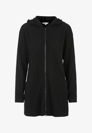 Schwarze zip-up Kapuzenjacke mit langen Ärmeln, aus strukturiertem Stoff gefertigt. Verfügt über einen Frontreißverschluss und zwei Seitentaschen. Einfaches und funktionales Design.