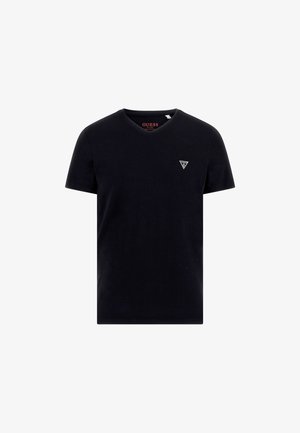 Zwarte katoenen t-shirt met een v-hals, korte mouwen en een klein driehoekig logo op de linkerkant van de borst. Eenvoudig en effen ontwerp.