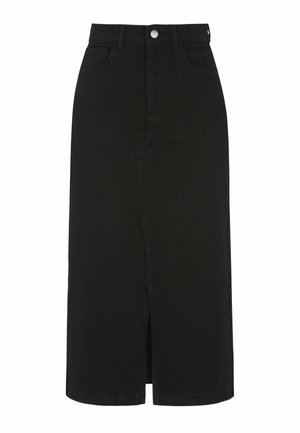 Zwarte denim midi-rok met een voorkeursplit, klassieke vijf-pocketontwerp en een knoopsluiting. Zachte textuur met een aansluitende taille.
