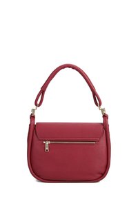 Borsa a mano in pelle rossa con una forma strutturata, texture liscia e manico superiore. Caratterizzata da una tasca con zip frontale e dettagli in oro.