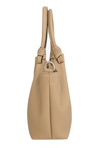 Beežist tekstuuriga nahast käekott kahe sangaga ja hõbedase rõngakujulise detailiga külje peal, nähtud külje pealt.