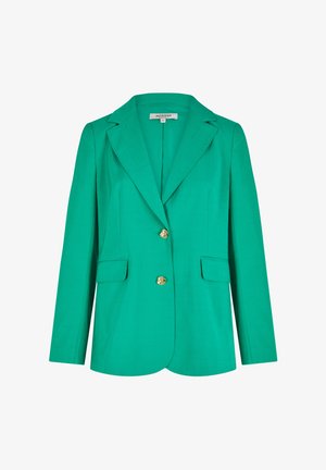 Grüner Blazer aus glattem Stoff, mit aufgesetztem Revers, zwei vorderen Taschen und goldenen Knopfverschlüssen. Klassisches, tailliertes Design.