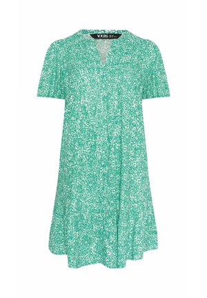 Grøn kortærmet knælængde kjole med hvidt blomstermønster, V-hals og knapper foran.