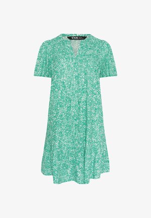 Zielona sukienka do kolan z krótkim rękawem, białym kwiatowym wzorem, dekoltem w serek i guzikami z przodu.