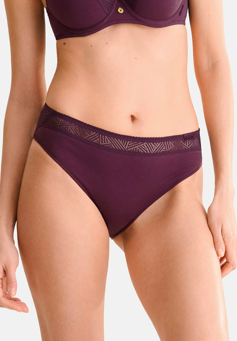 Des culottes de bikini violettes foncées présentent une ceinture en dentelle géométrique. Le tissu semble lisse avec un léger brillant et des détails de couture minimaux.