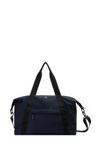 Bolsa de lona azul marino hecha de tela duradera, con correas negras, un bolsillo frontal con cremallera y un detalle de logo en el costado. Correa de hombro ajustable.