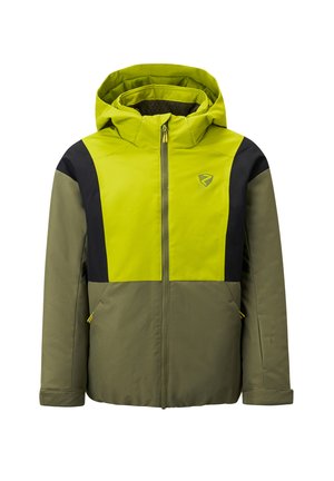 Grüne und gelbe isolierte Jacke mit Reißverschluss, Kapuze und mehrteiliger Gestaltung mit schwarzen Akzenten an den Schultern und Seiten.