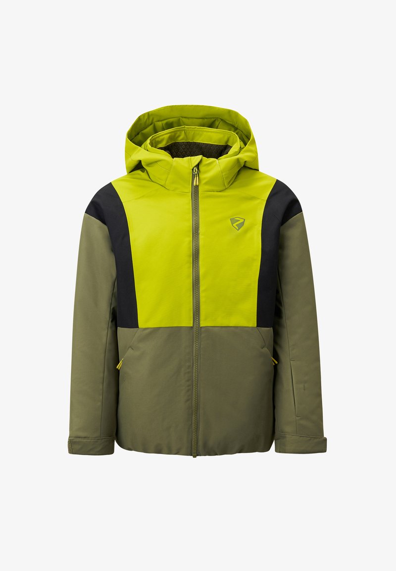 Green and yellow insulated jacket with a zip front, hood, and multi-panel design featuring black accents on shoulders and sides.