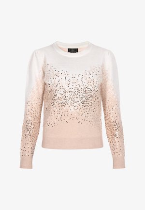 Pullover lavorato a maglia in morbido color crema e rosa pallido, con paillettes che decorano la parte anteriore, scollo rotondo e polsini e orlo a coste. Finitura texturizzata.