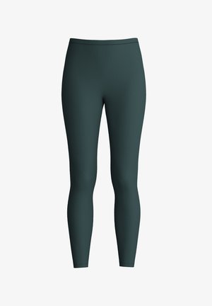 Leggings a vita alta di un verde profondo, realizzati in un tessuto liscio ed elastico. Presentano un design aderente senza motivi o hardware visibili.