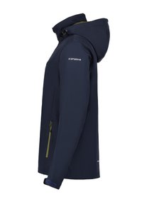 Marineblauwe softshell jas met een capuchon, voorzien van een groene rits, elastische manchet en een logo op de schouder. Glad textuur, slim fit ontwerp.