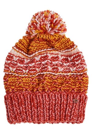 Bonnet d'hiver tricoté coloré avec des rayures orange, rouges, jaunes et roses et un grand pompon multicolore sur le dessus.