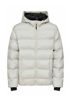 Valge polsterdatud talvejope kapuutsiga, esiosa lukk, küljetaskud, must sisemine vooder ja randmekatted.