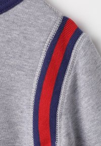 Šedá mikina s modrými a červenými pletenými pruhy na rameni. Hladká textury a vroubkovaný detail límce. Klasický sportovní design.