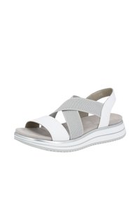 White sandal with gray elastic straps, open toe design, padded insole, and a lightweight white sole with a silver accent.