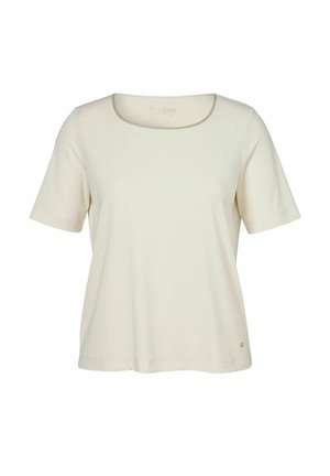 Kurzärmliges cremefarbenes Damenoberteil mit rundem Ausschnitt und dezenten Zierdetails, präsentiert vor weißem Hintergrund.