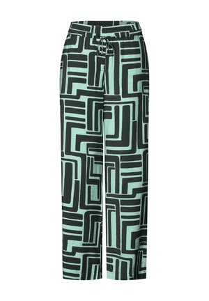 Pantaloni verde menta chiaro con motivi geometrici neri, dotati di cintura elastica e coulisse, design a gamba larga e texture liscia.
