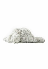 Faux furtofflor i ljusgrått, med en plyschöverdel och platt gummisula. Öppen tå-design med en bred rem över toppen.